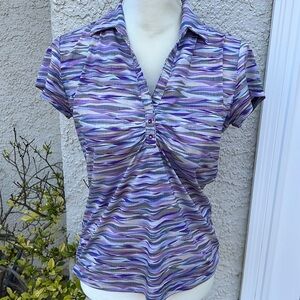 Sport Haley Purple Wave Design Polo Golf Shirt w Rhinstone Buttons Women Size S